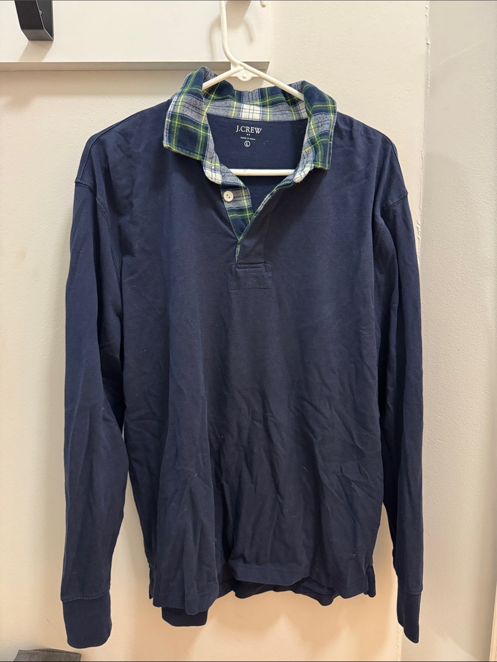 J. Crew Navy Long-Sleeve Polo with Green & Blue Plaid Collar